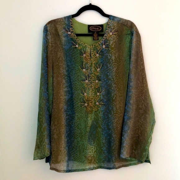Alex Kim Beaded Embroidered Flow Sheer Top size PM - Picture 1 of 7